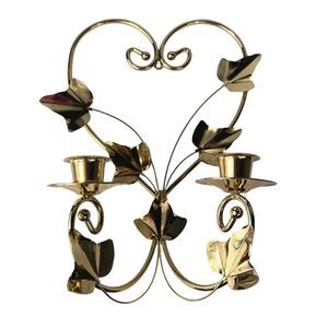 Vintage Home Interiors Brass Heart Double Candle Holder Leaves Wall Hanger